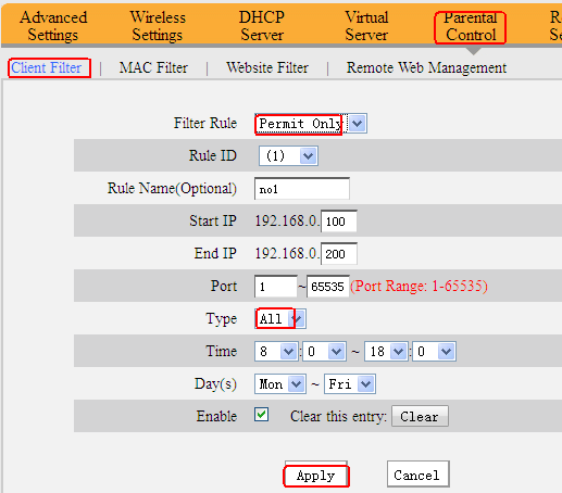 说明: //www.tendacn.com/userfiles/WordToHtml/Function configurations/W3000R-How to limit the computer in the lan to access the Internet through client Filter .files/image005.png